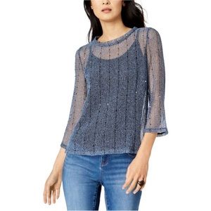 I-N-C Womens Sequined Knit Blouse Top | Blue Black | Cami Attached | Sz M